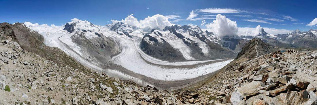 Panorama of the Gorner Glacier with Monte Rosa and the Matterhorn in summer