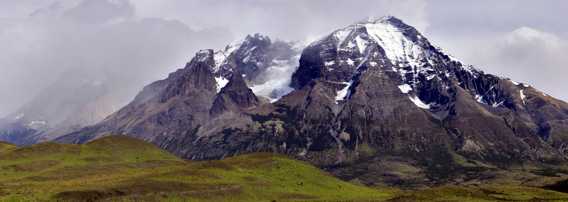Panorama of the granite towers and horns of Torres del Paine in Chilean Patagonia